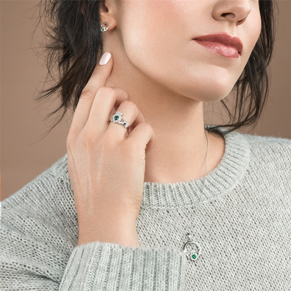 Galway Crystal Green Crystal Sparkle Claddagh Sterling Silver Pendant