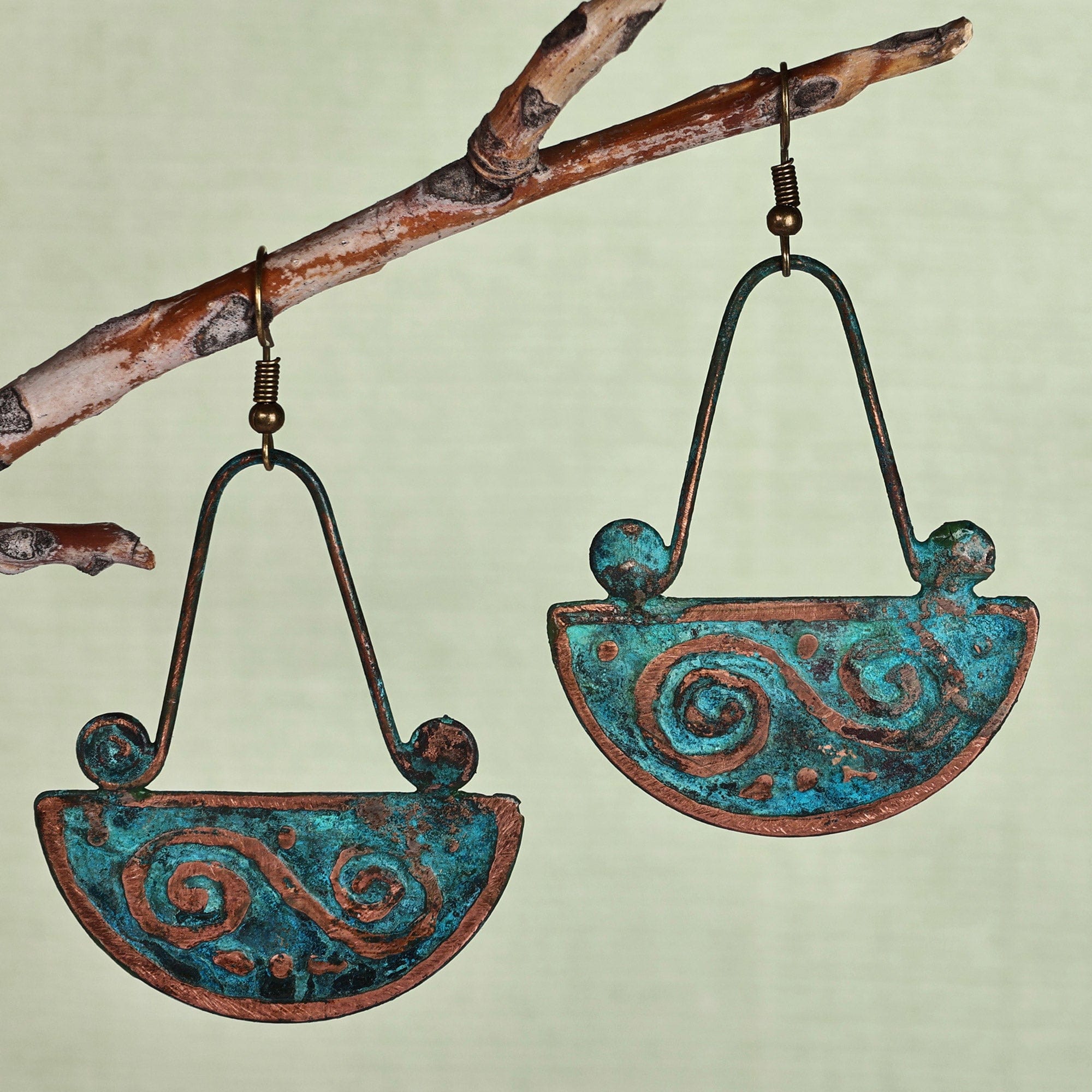Traditional Oxidized Copper Dangle Earrings from Armenia - Swirl Touch