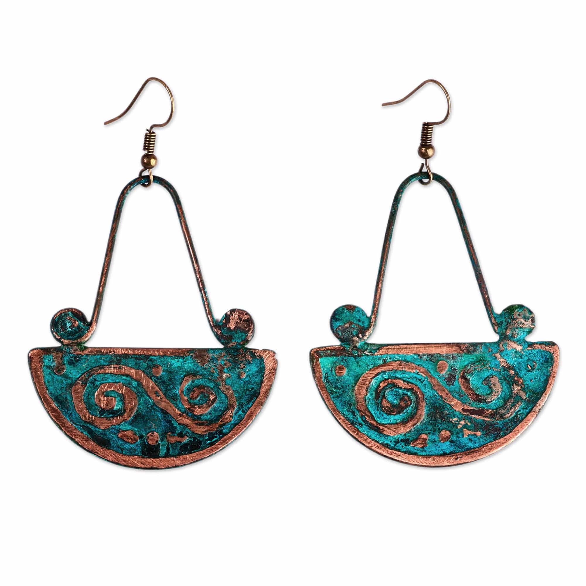Traditional Oxidized Copper Dangle Earrings from Armenia - Swirl Touch