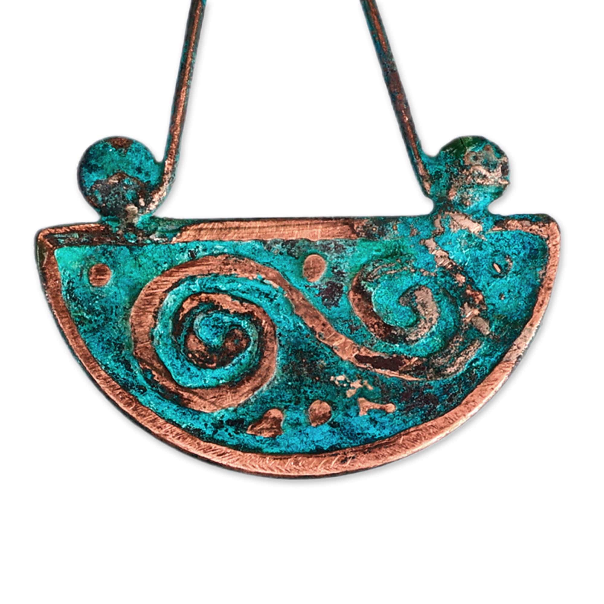 Traditional Oxidized Copper Dangle Earrings from Armenia - Swirl Touch