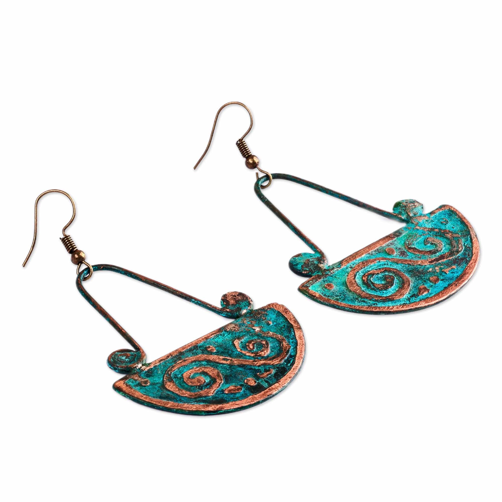 Traditional Oxidized Copper Dangle Earrings from Armenia - Swirl Touch