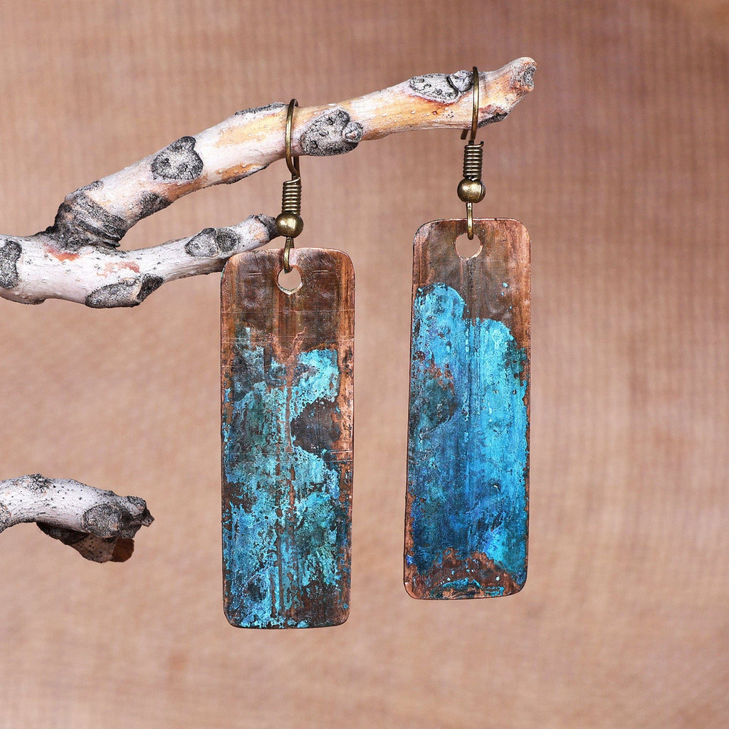 Copper Dangle Earrings with Oxidized Finish and Brass Hooks - Bohemian Aqua