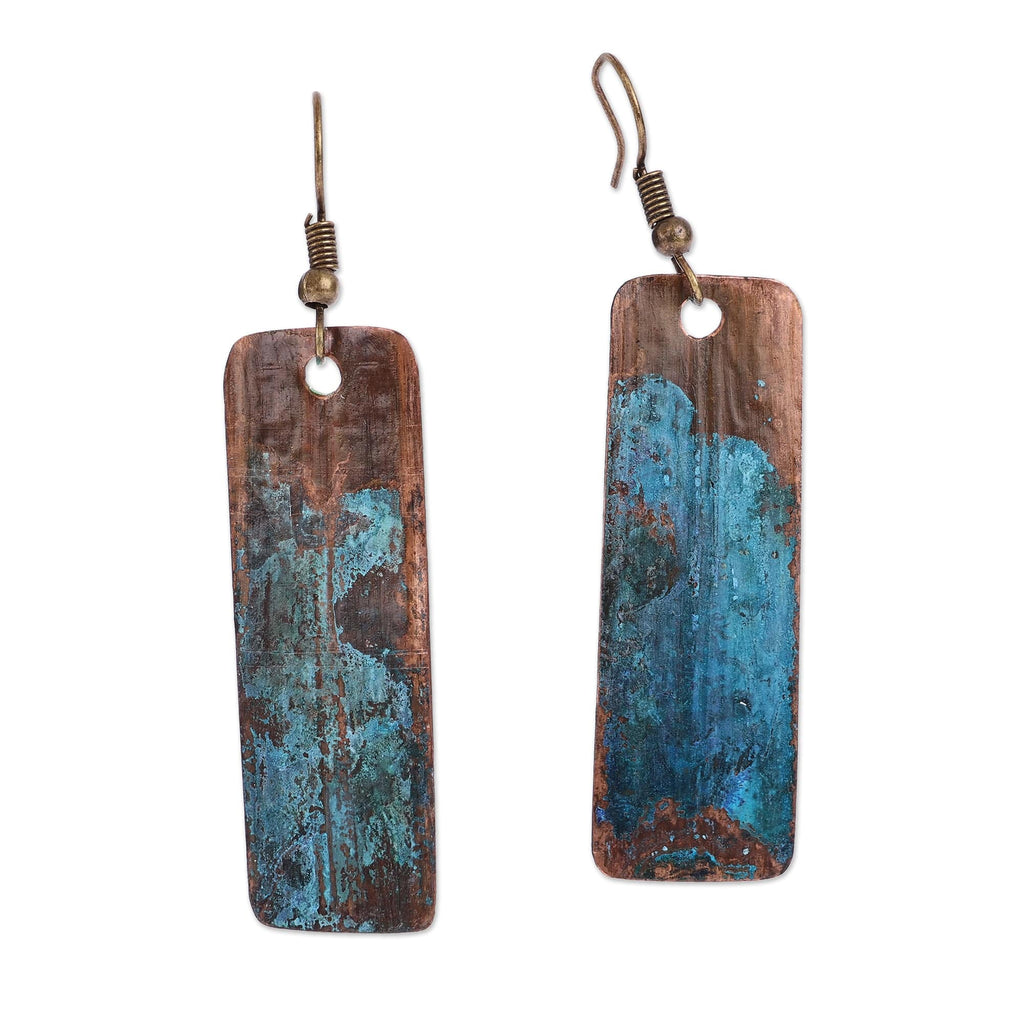 Copper Dangle Earrings with Oxidized Finish and Brass Hooks - Bohemian Aqua