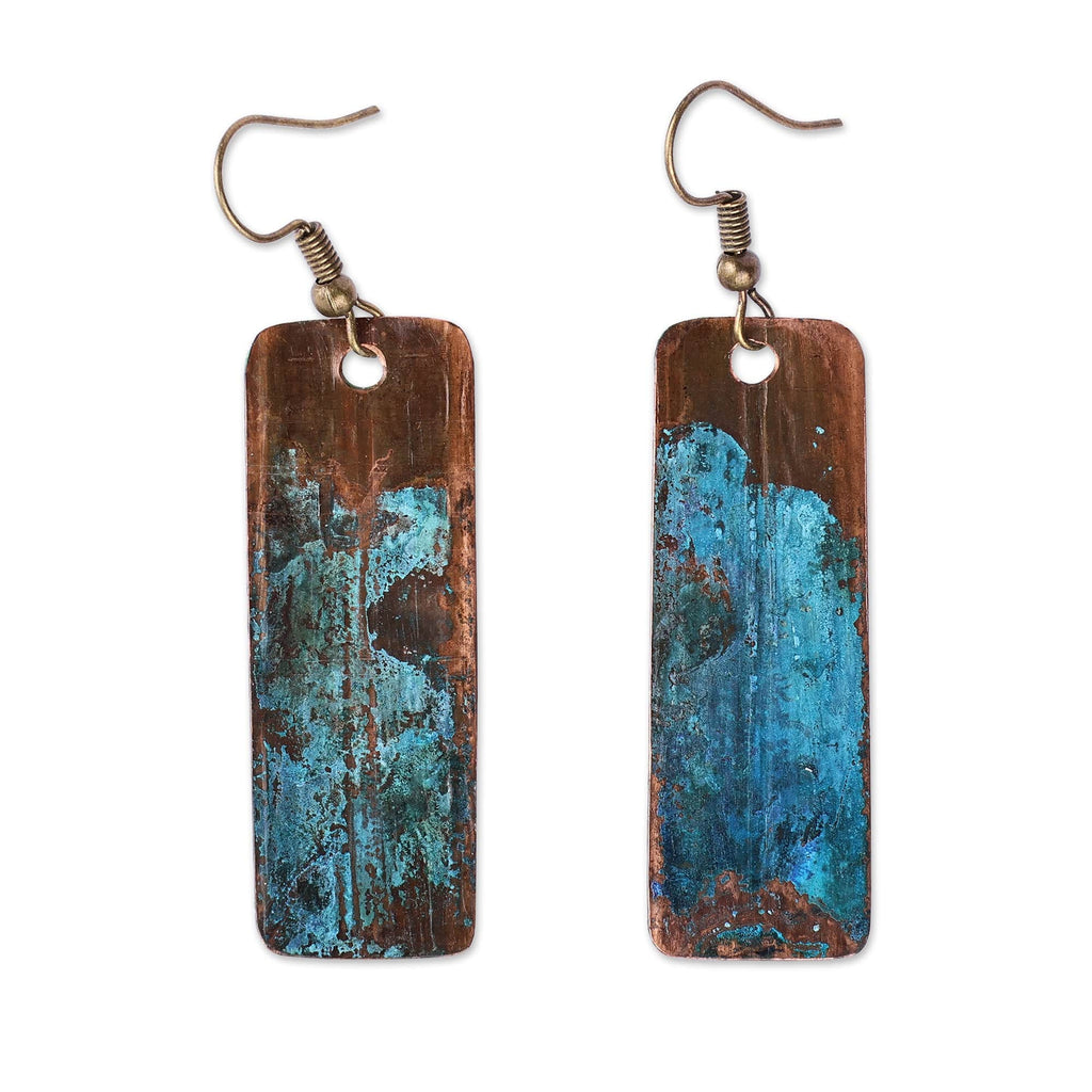 Copper Dangle Earrings with Oxidized Finish and Brass Hooks - Bohemian Aqua