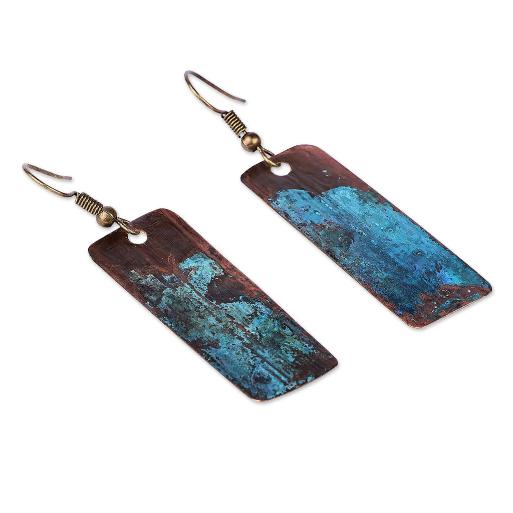 Copper Dangle Earrings with Oxidized Finish and Brass Hooks - Bohemian Aqua