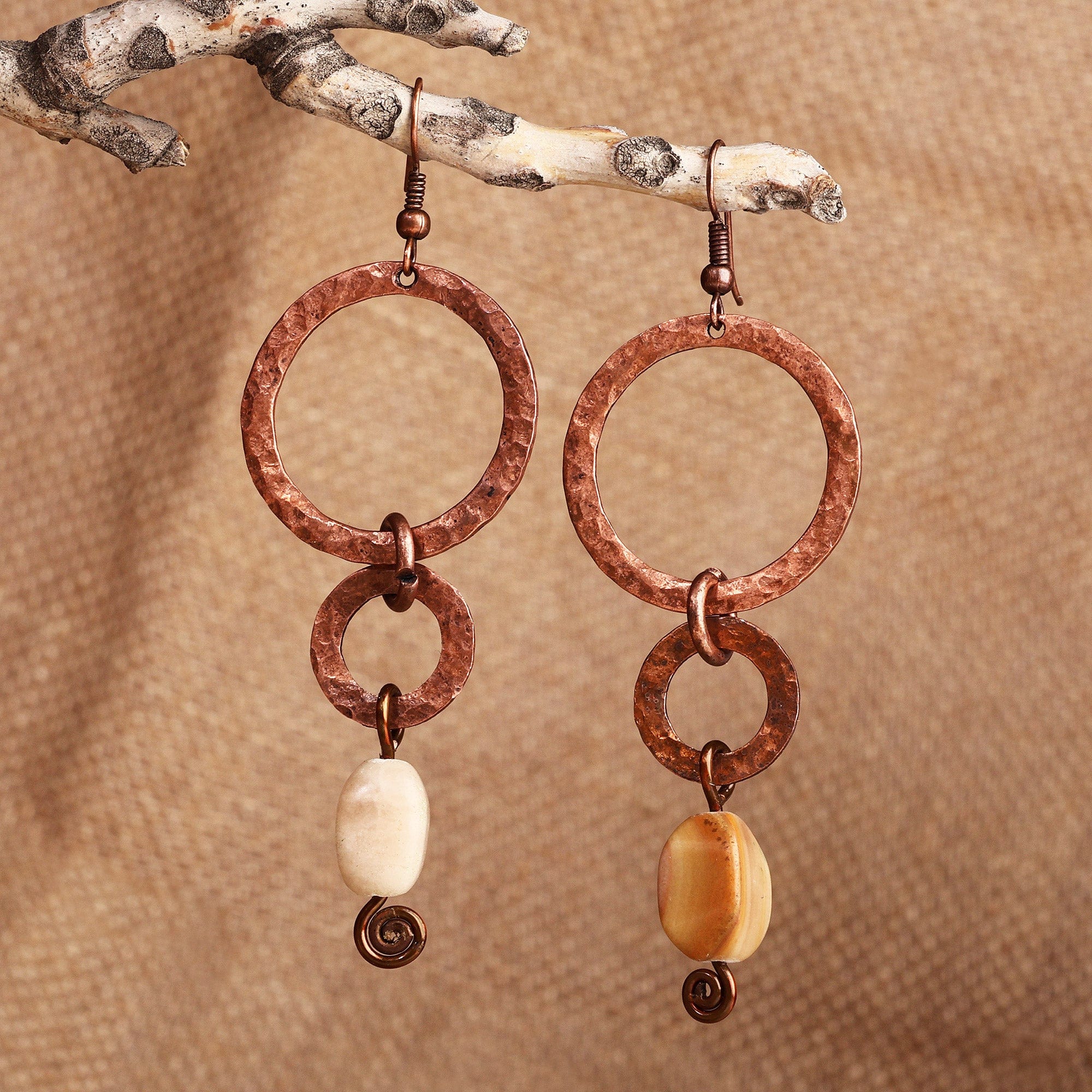 Antique Linked Hoop Copper Dangle Earrings with Onyx Stones - Dancing Hoops