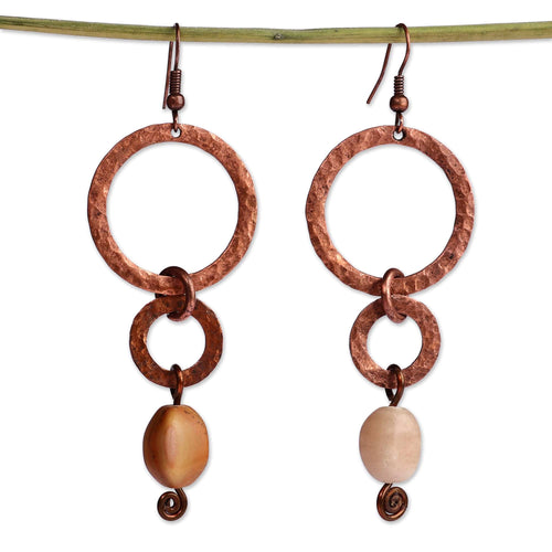 Antique Linked Hoop Copper Dangle Earrings with Onyx Stones - Dancing Hoops