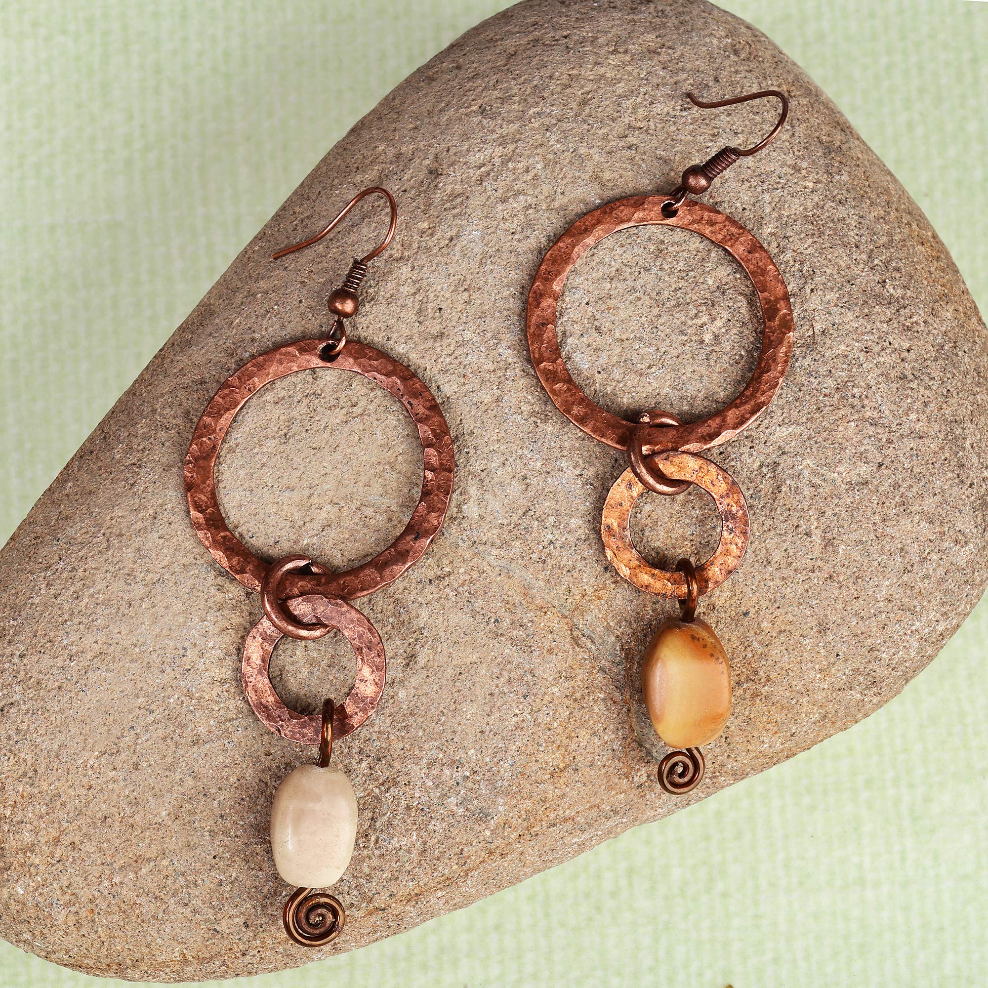 Antique Linked Hoop Copper Dangle Earrings with Onyx Stones - Dancing Hoops