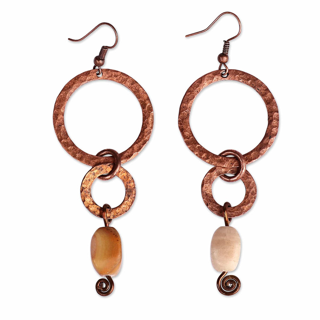 Antique Linked Hoop Copper Dangle Earrings with Onyx Stones - Dancing Hoops