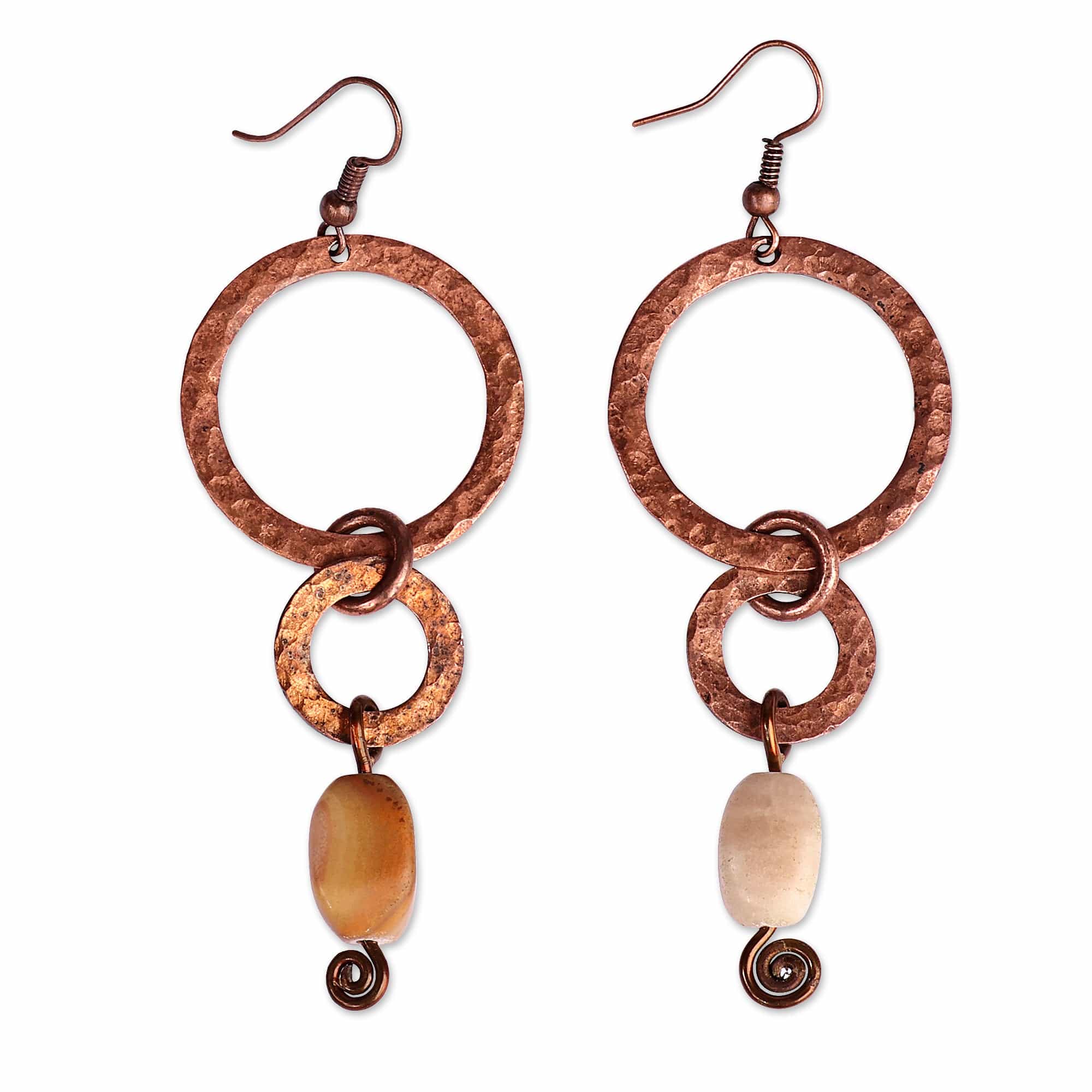 Antique Linked Hoop Copper Dangle Earrings with Onyx Stones - Dancing Hoops