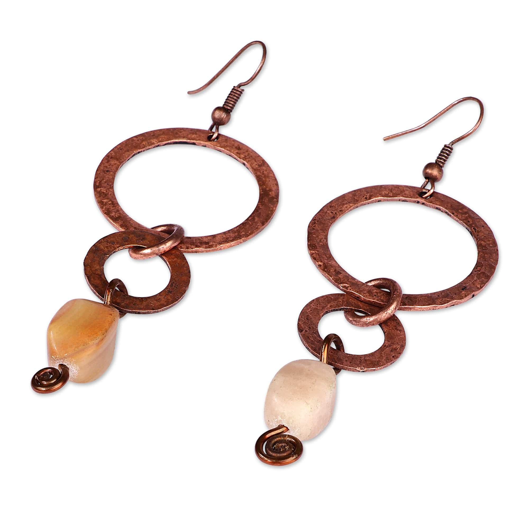 Antique Linked Hoop Copper Dangle Earrings with Onyx Stones - Dancing Hoops
